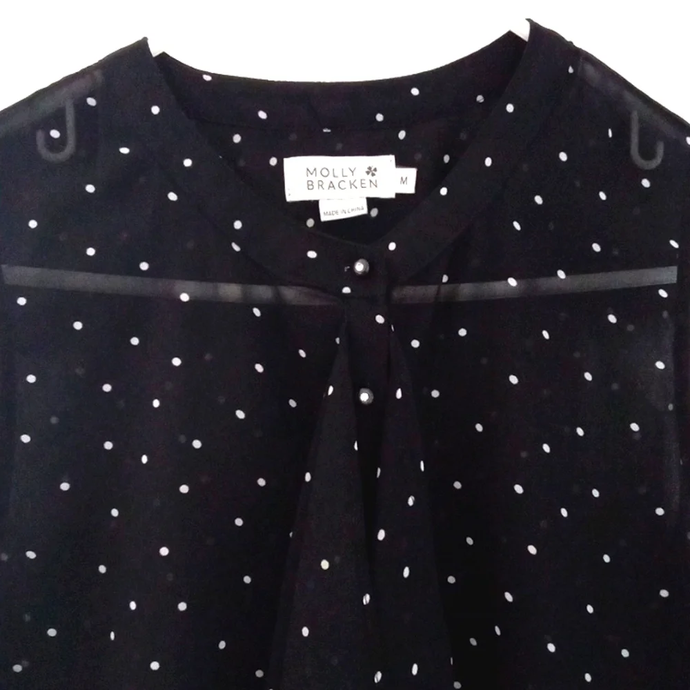 Molly Bracken Women's Black Blouse with White Dots and Front Ruffle Medium - Picture 2 of 12
